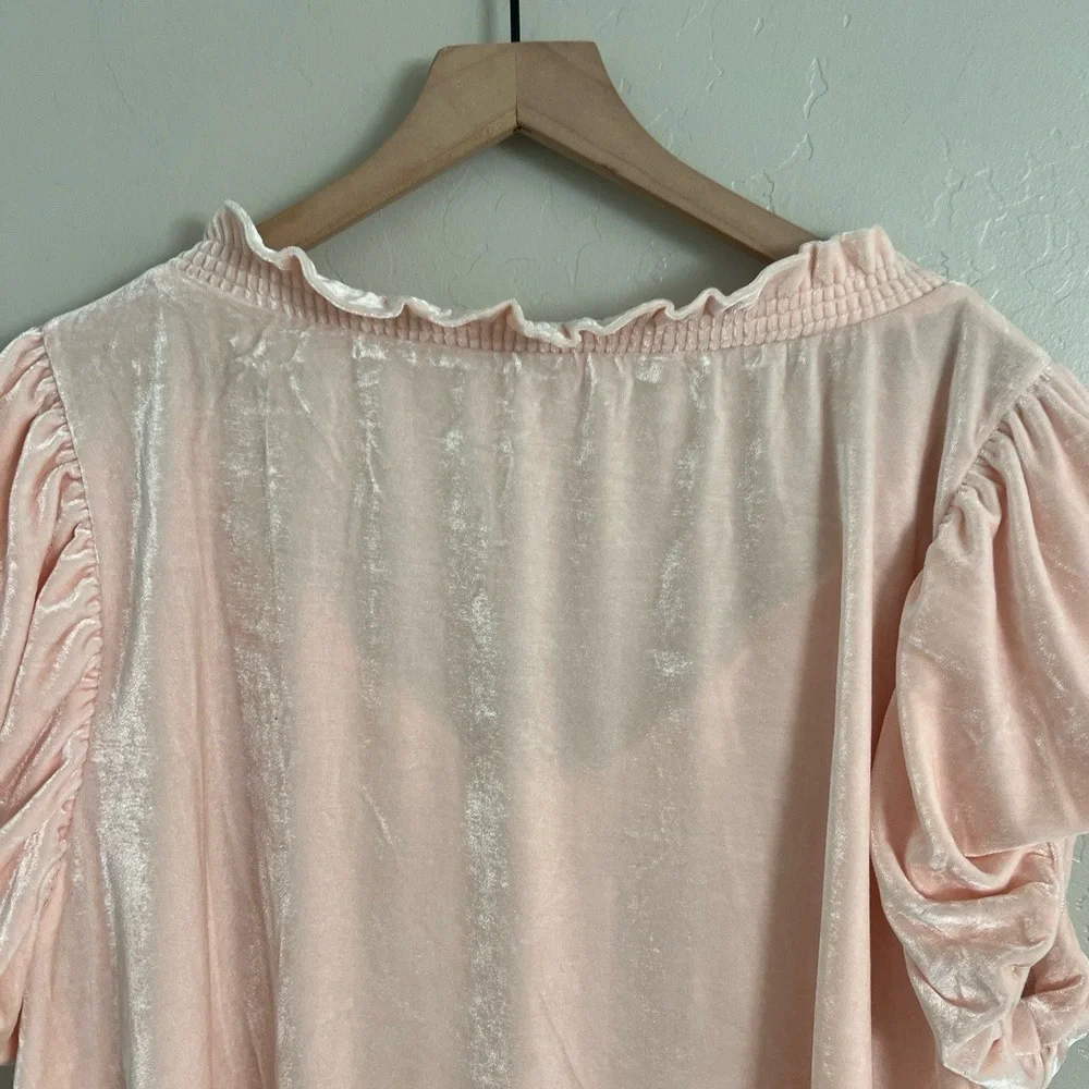 Free People Teresa‎ Velvet XL Light Pink Ruffled Peasant Puff Sleeve Top Boho